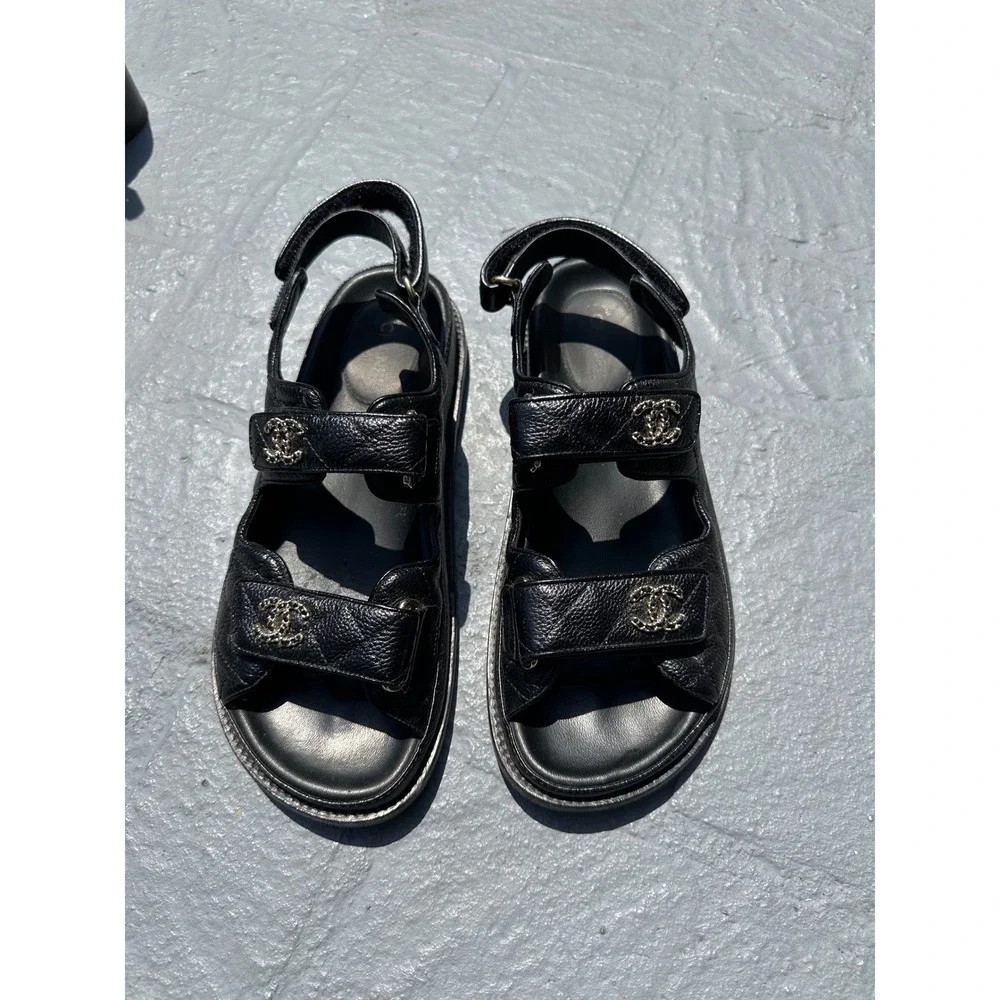 Chanel Black Caviar Leather Quilted Dad Sandals CC Logo Slingback Size 39